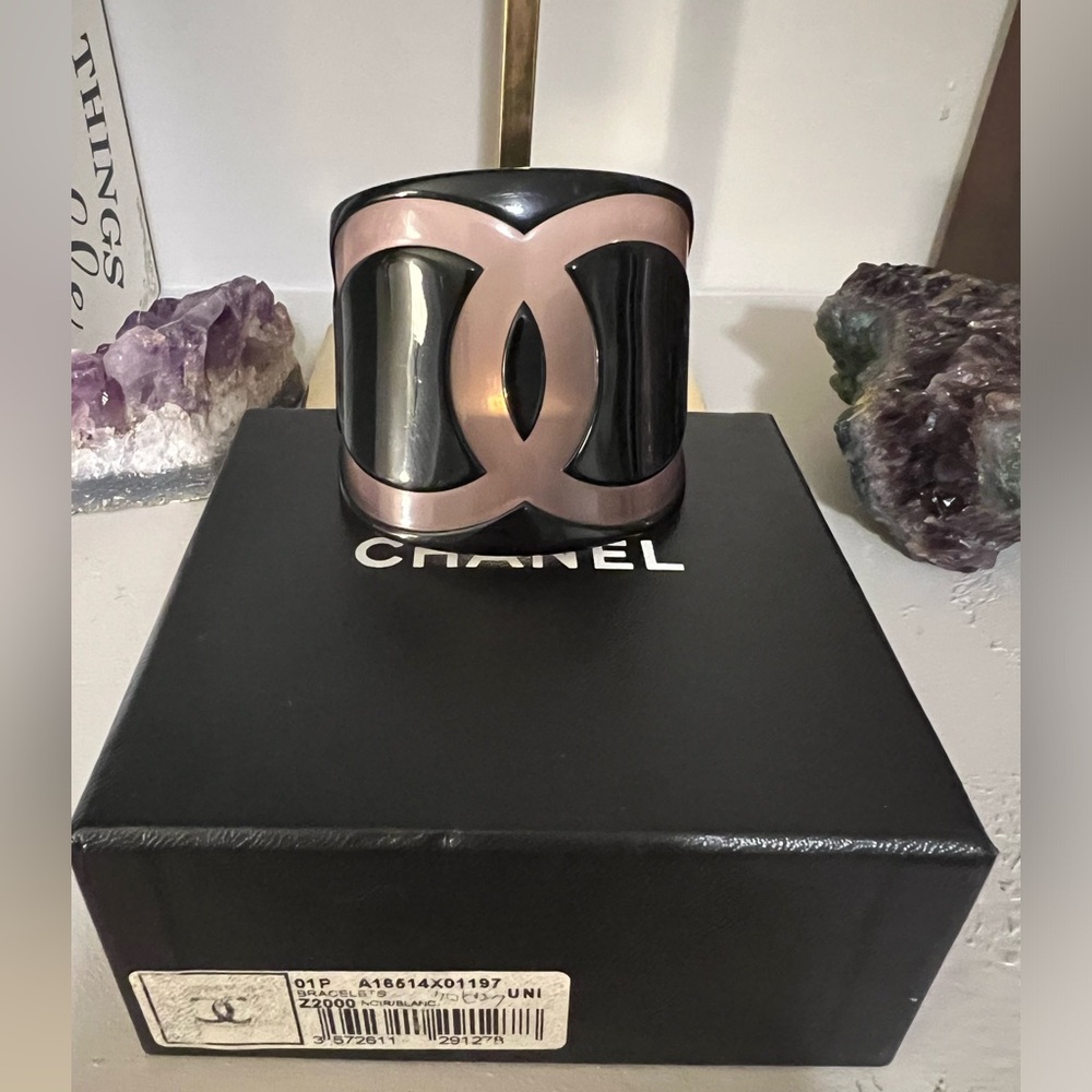 Rare EUC AUTH Chanel CC Resin Wide Cuff Bracelet - Pink and Black.